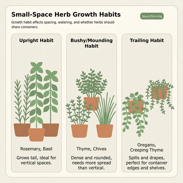 Comparison of herb growth habits in small containers, including compact, spreading, and upright types