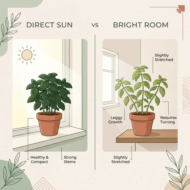 UI illustration showing direct sun, bright indirect light, and low-light indoor herb scenarios