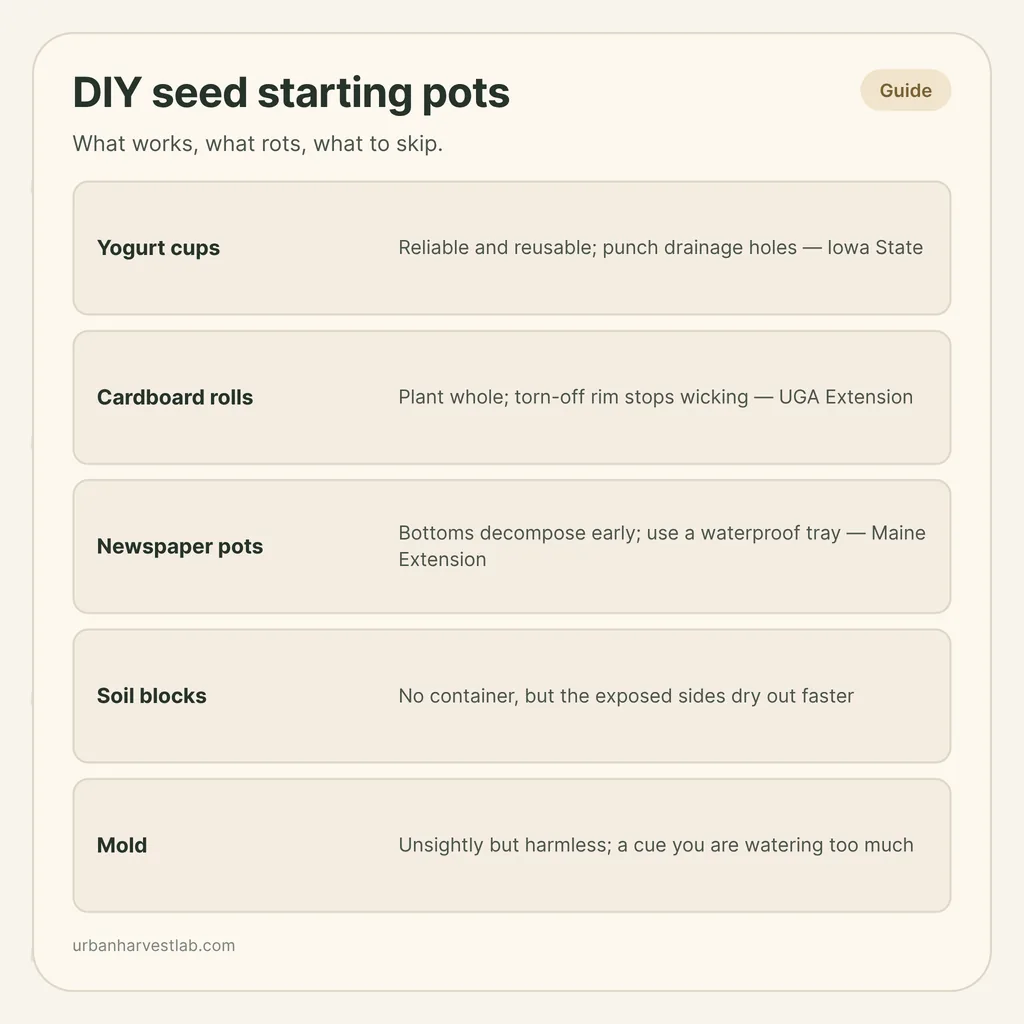 Infographic card: "DIY seed starting pots" with rows for yogurt cups, cardboard rolls, newspaper pots, soil blocks and mold