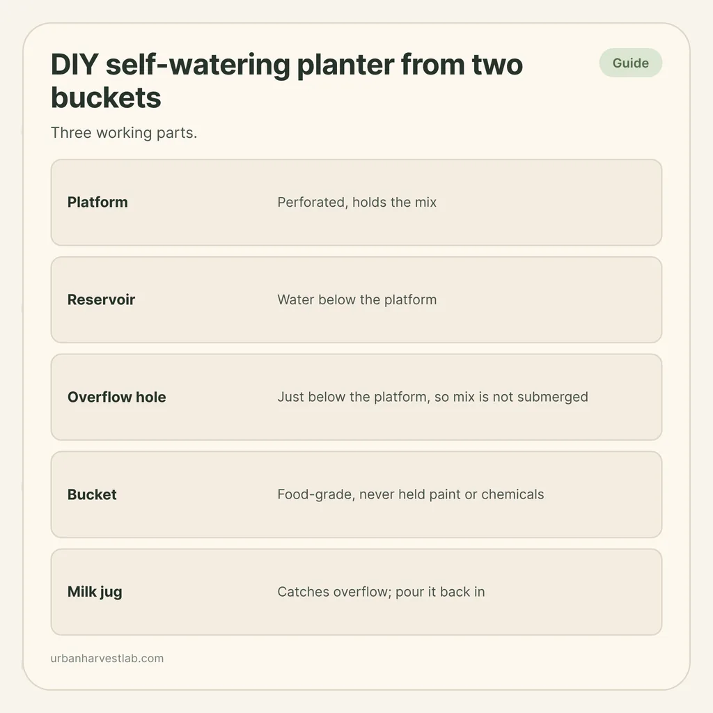 Infographic card: "DIY self-watering planter from two buckets" with rows for platform, reservoir, overflow hole, bucket and milk jug