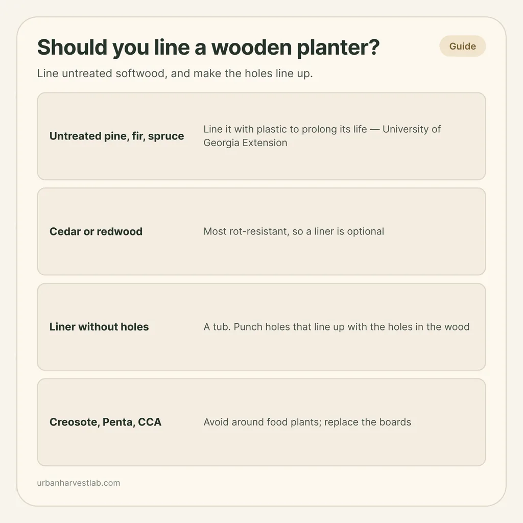 Infographic card: "Should you line a wooden planter?" with rows for untreated softwood, cedar or redwood, liner holes, and avoided lumber