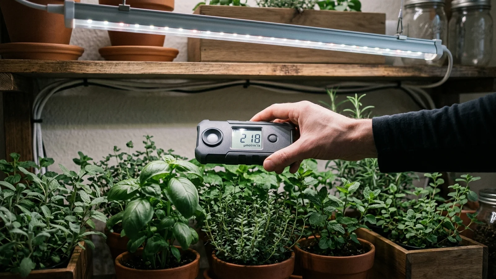 A PAR meter reading held above a shelf of herbs under a grow light, next to a timer dial
