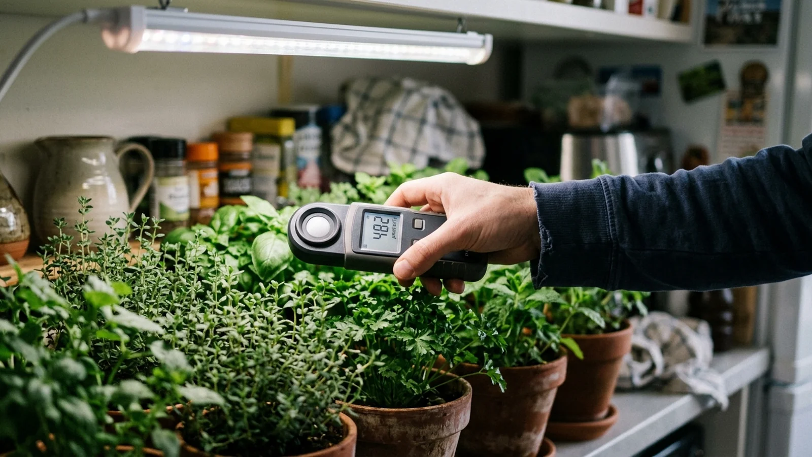 A handheld PAR meter held above a shelf of potted herbs under a grow light