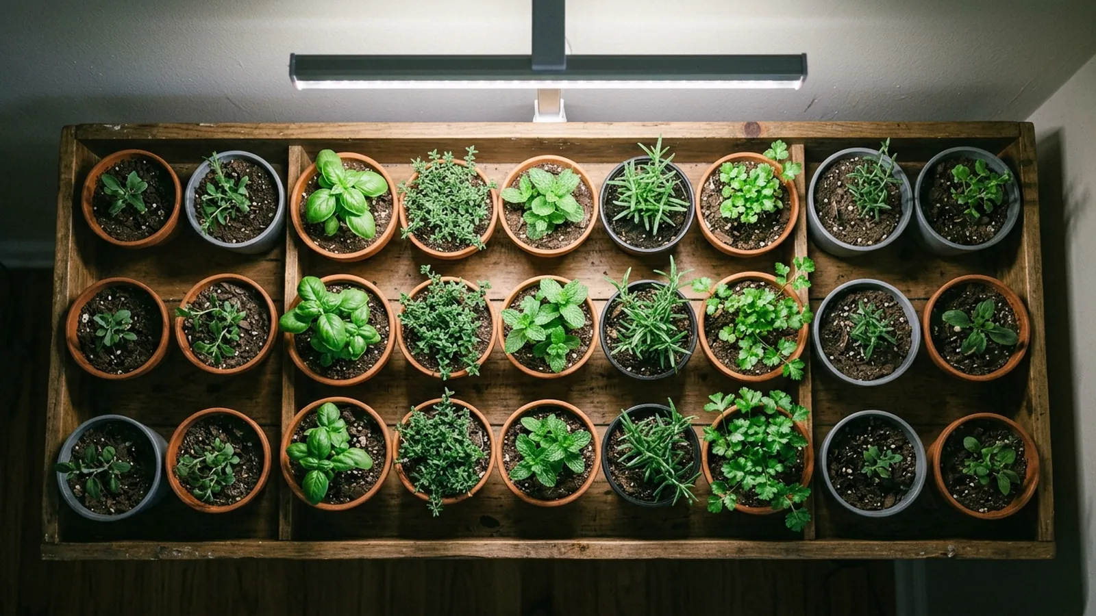 A grid of light-meter readings mapped across an indoor herb shelf, marked at the center and four corners