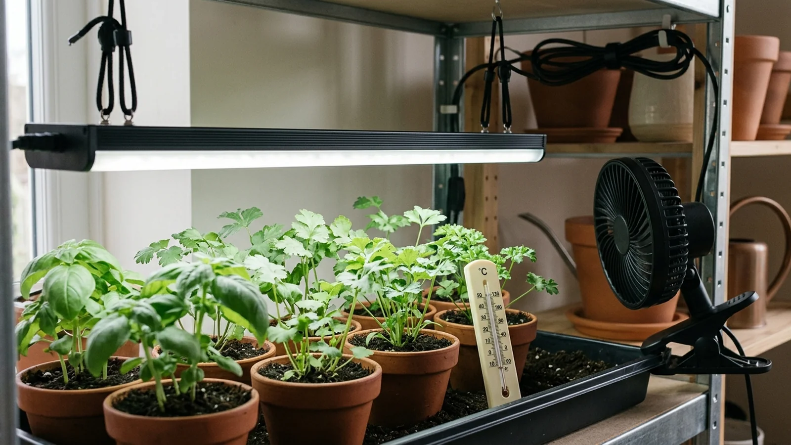 Cutaway diagram of a multi-tier grow light shelf showing warm air rising toward the top tier and the driver mounted in open air