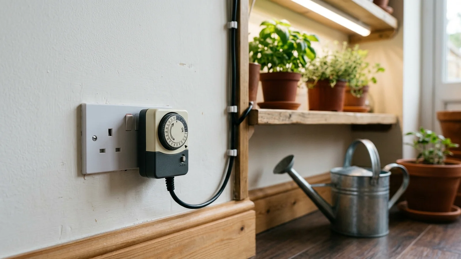 Diagram of a grow light shelf showing the power strip and driver mounted above tray height, with a drip loop in the cord before it reaches the wall outlet