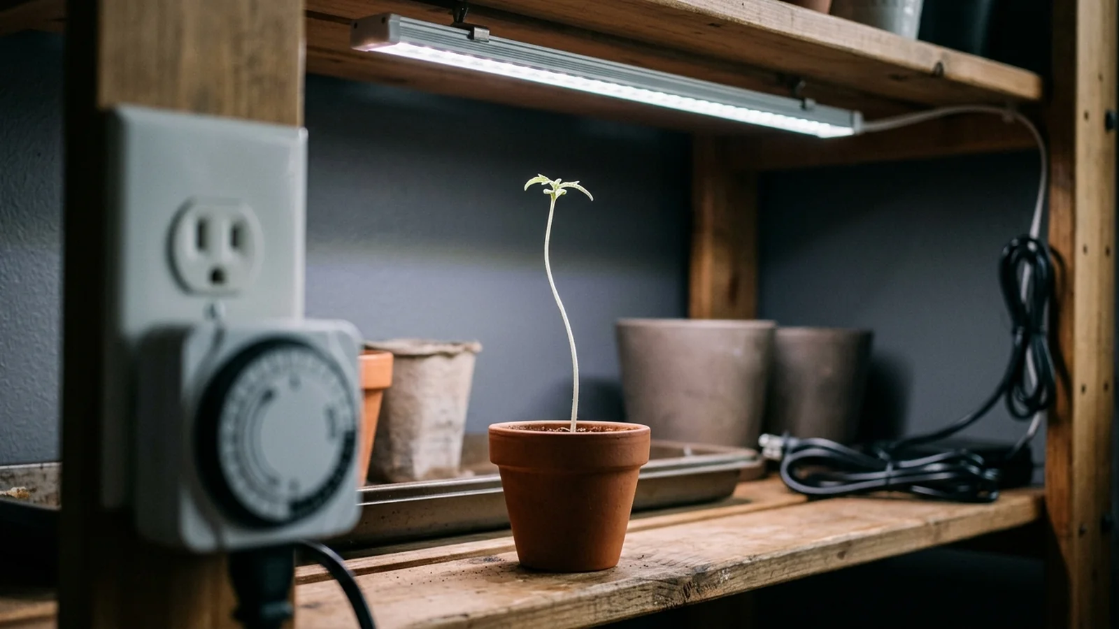 Illustration comparing a well-timed grow light setup with a mistimed one showing stretched, pale seedlings