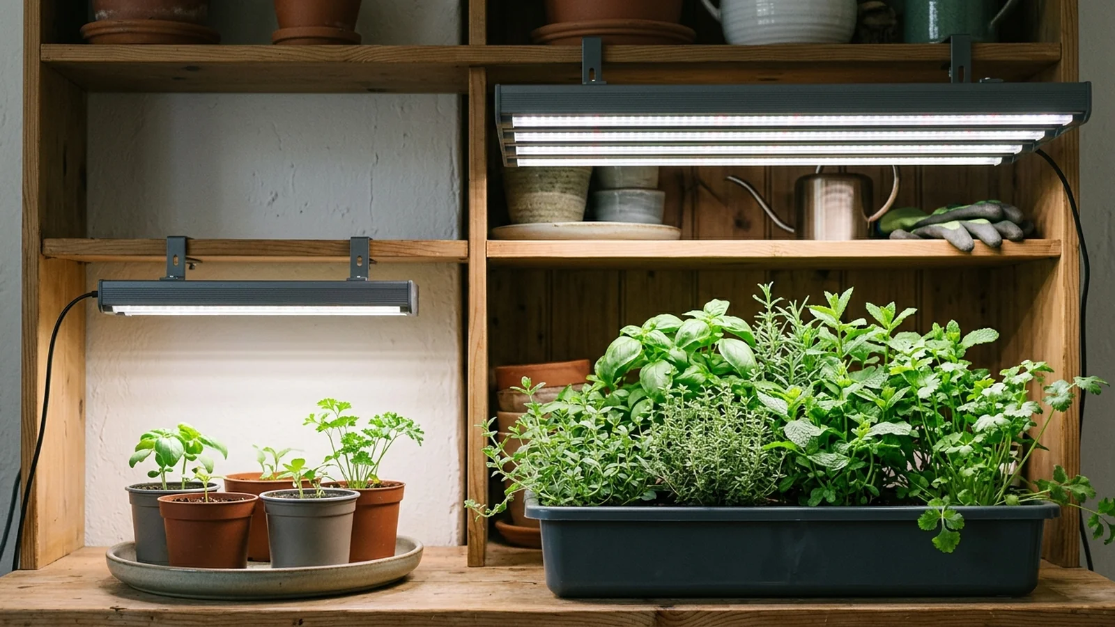 Two grow light fixtures with matching wattage labels but different real light output