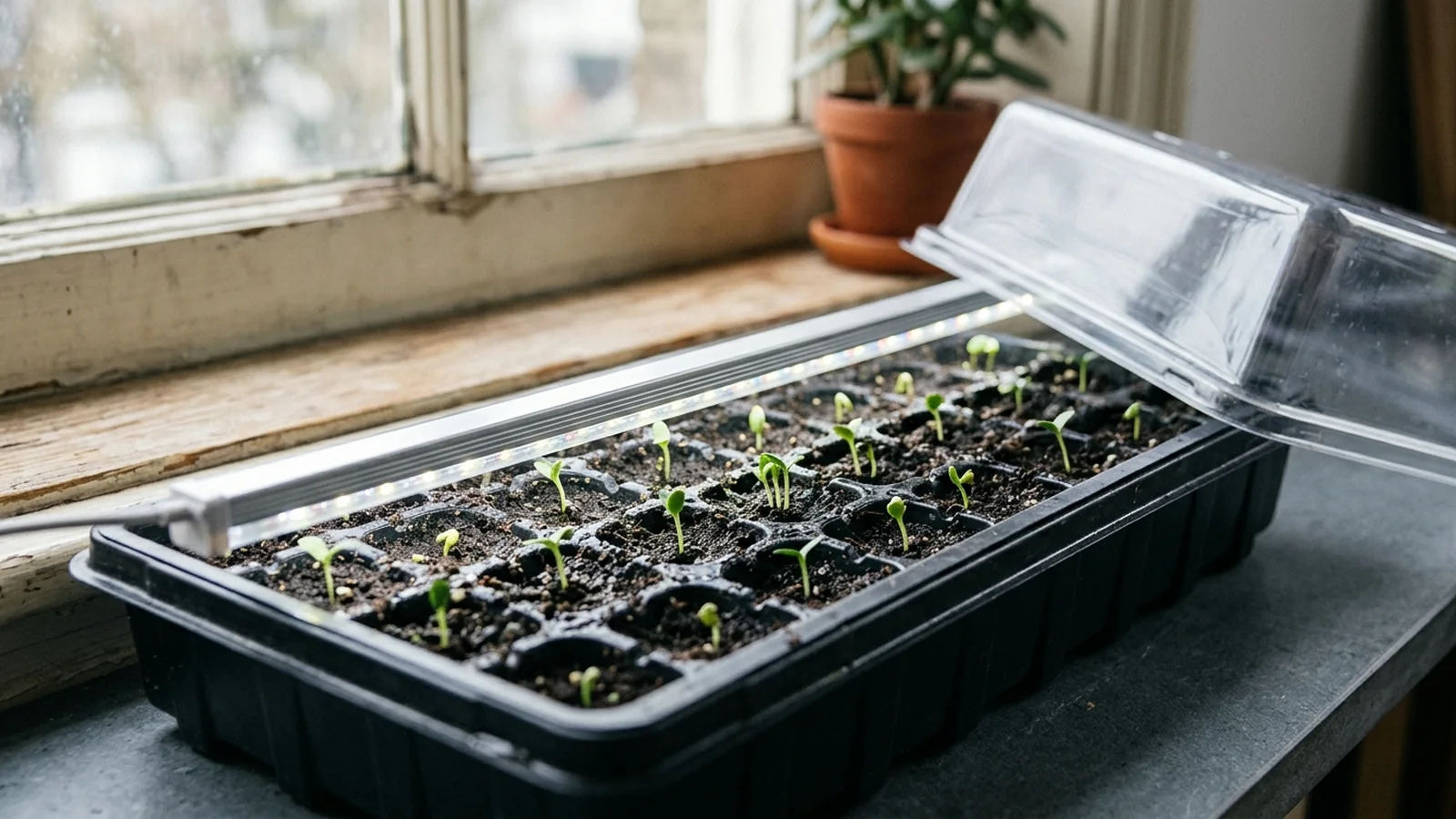 Seed trays under an adjustable grow light positioned close above young seedlings