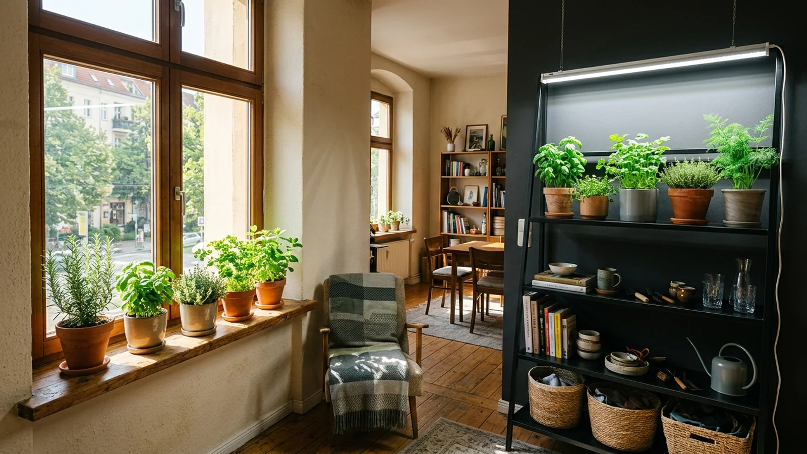 Split scene of a sunlit windowsill herb tray beside an identical tray growing under a small LED grow light