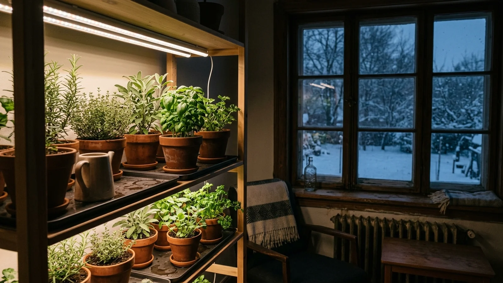 A small grow light angled beside a bright window over a shelf of herbs in winter