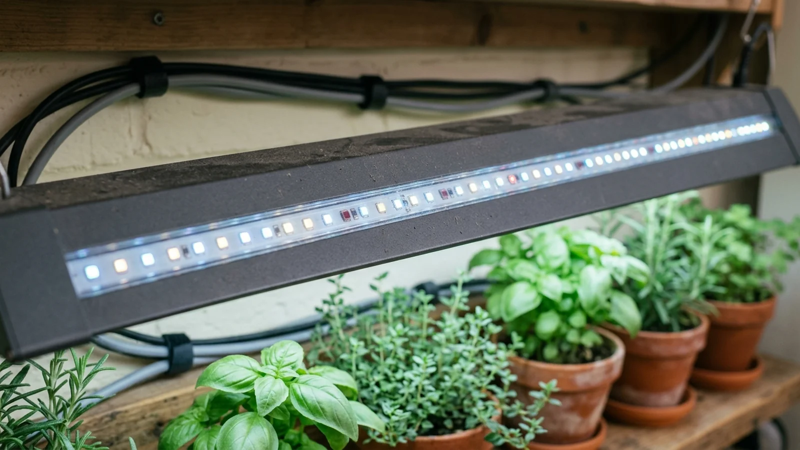 An LED grow light panel glowing above a shelf of seedlings, illustrating how output gradually fades over years of continuous use