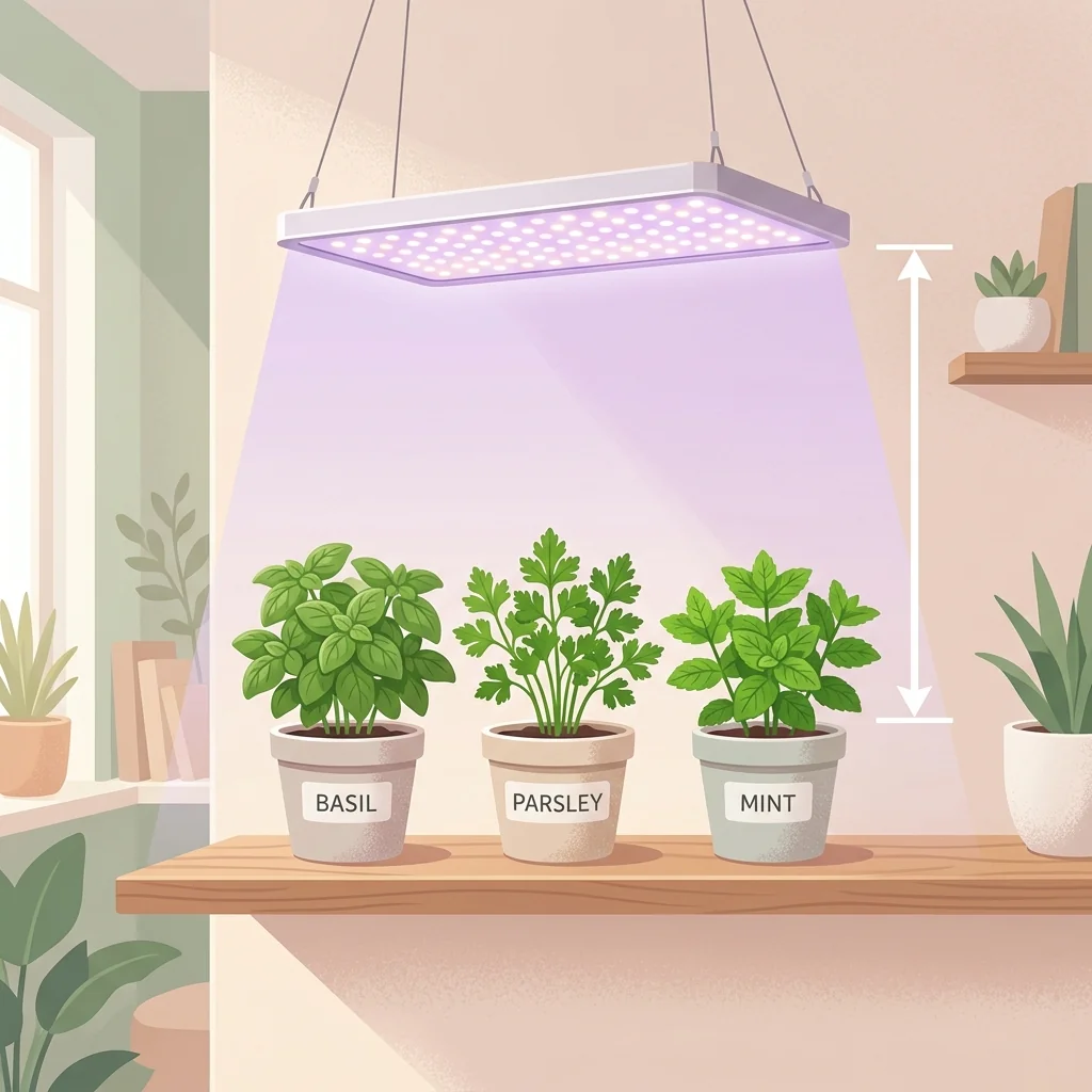 A shelf of potted herbs under a full-spectrum LED grow light showing the hanging height and coverage
