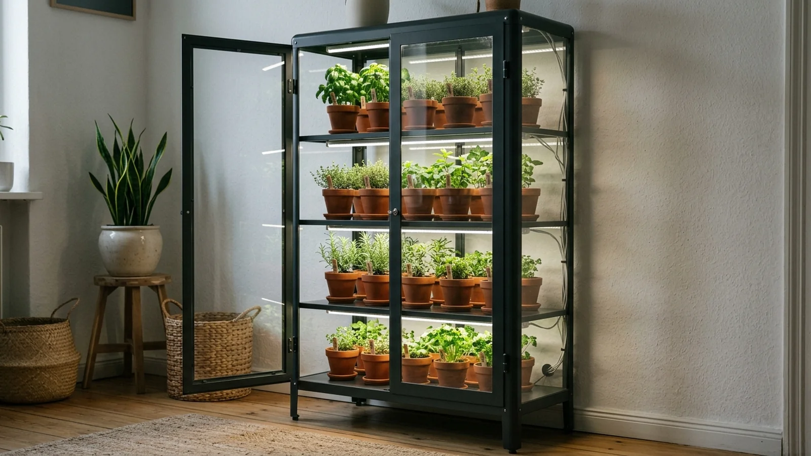 Cutaway diagram of a glass-fronted display cabinet with a small clip light near the top shelf and condensation forming on the inside of the glass door