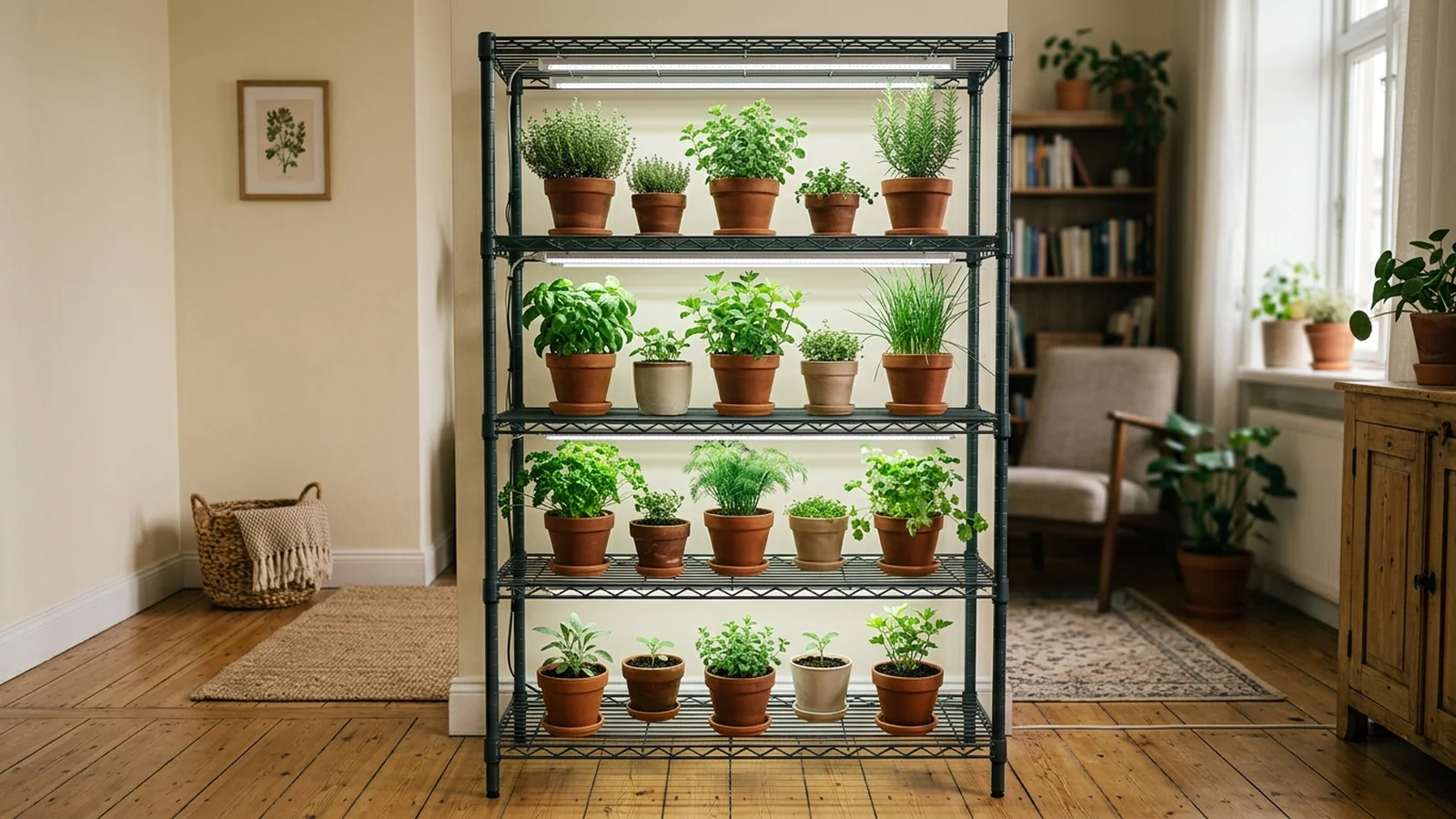 Cutaway diagram of a four-tier shelving unit with a grow light mounted under each shelf, showing rising heat and shrinking headroom toward the top tier