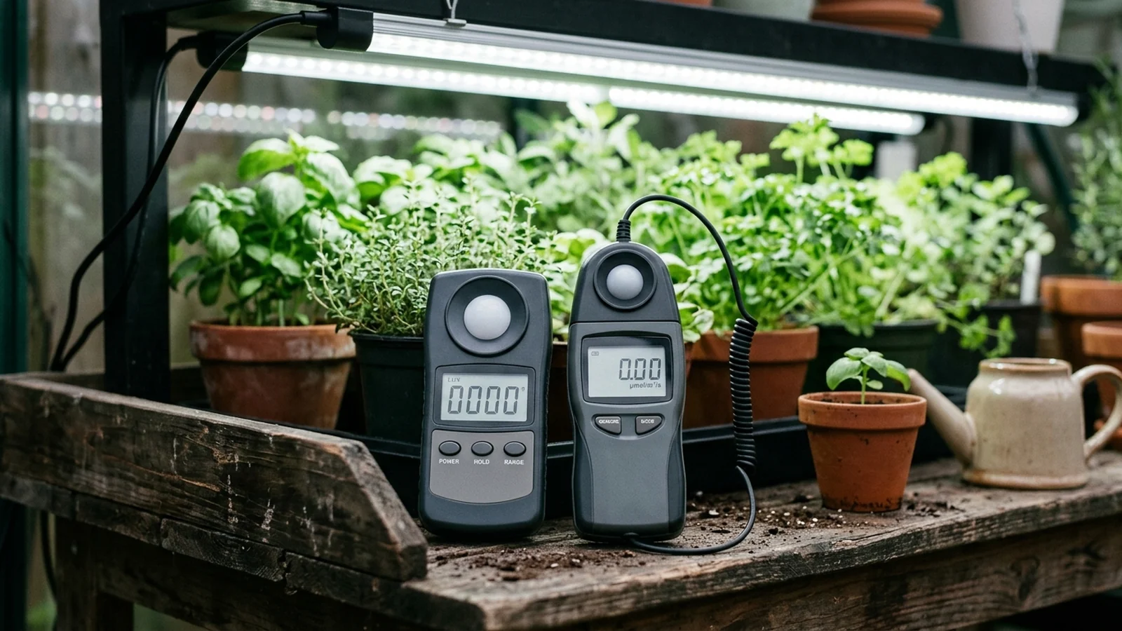 Side-by-side comparison of a lux meter and a PAR meter reading the same grow light panel