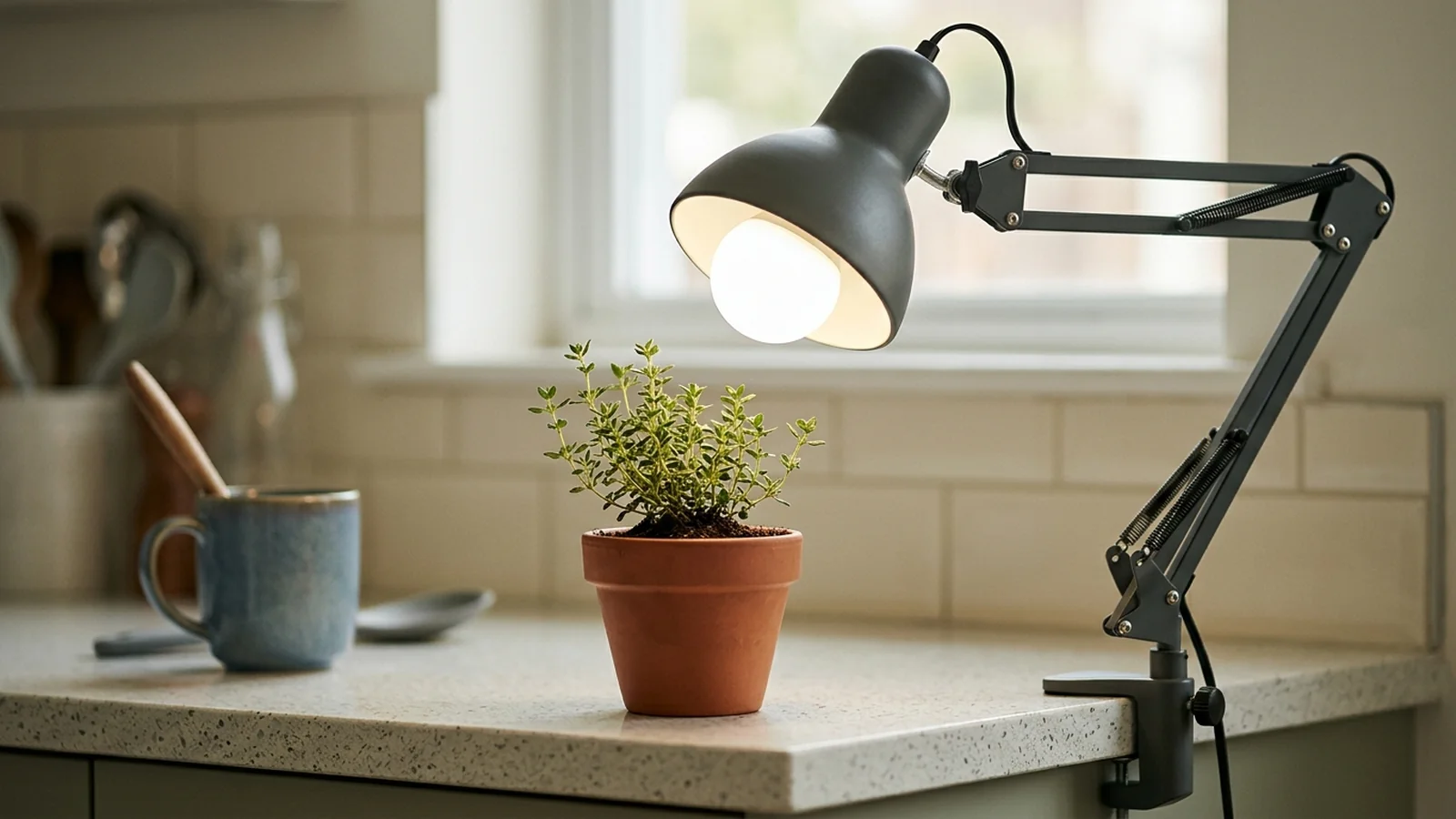 Comparison of a plant under a close, bright LED bulb and the same bulb mounted far overhead in a lamp