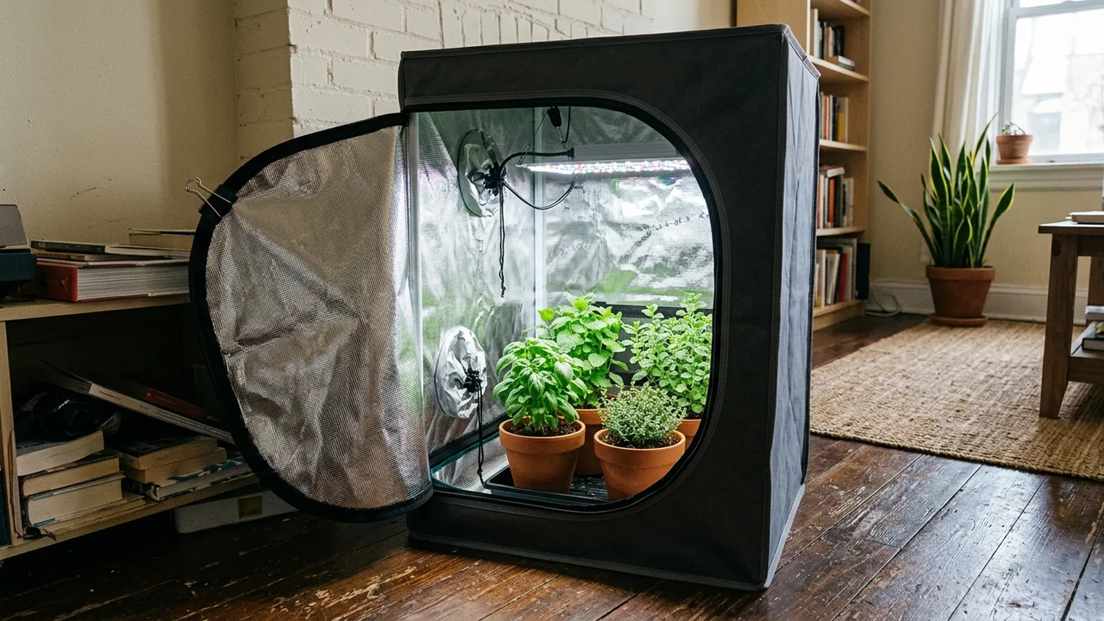Cutaway illustration comparing a sealed small grow tent with warm air trapped at the top against an open shelf with air moving freely around the canopy
