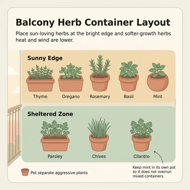 Clean balcony herb container layout showing sunny and sheltered positions