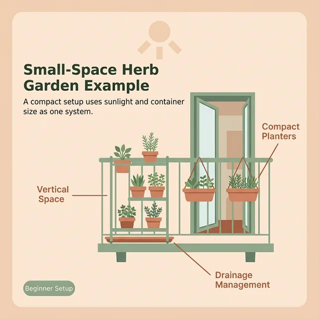 Educational diagram showing a simple small-space herb garden layout with window light and grouped containers