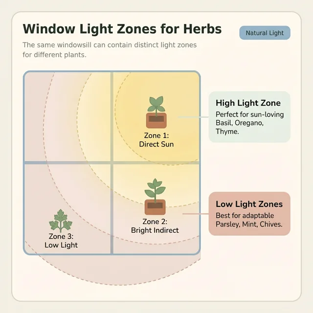 Diagram showing stronger and weaker window light zones for herbs