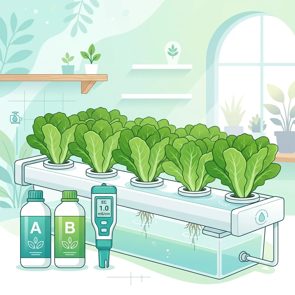 Hydroponic lettuce in net pots beside nutrient bottles and an EC meter reading a low value