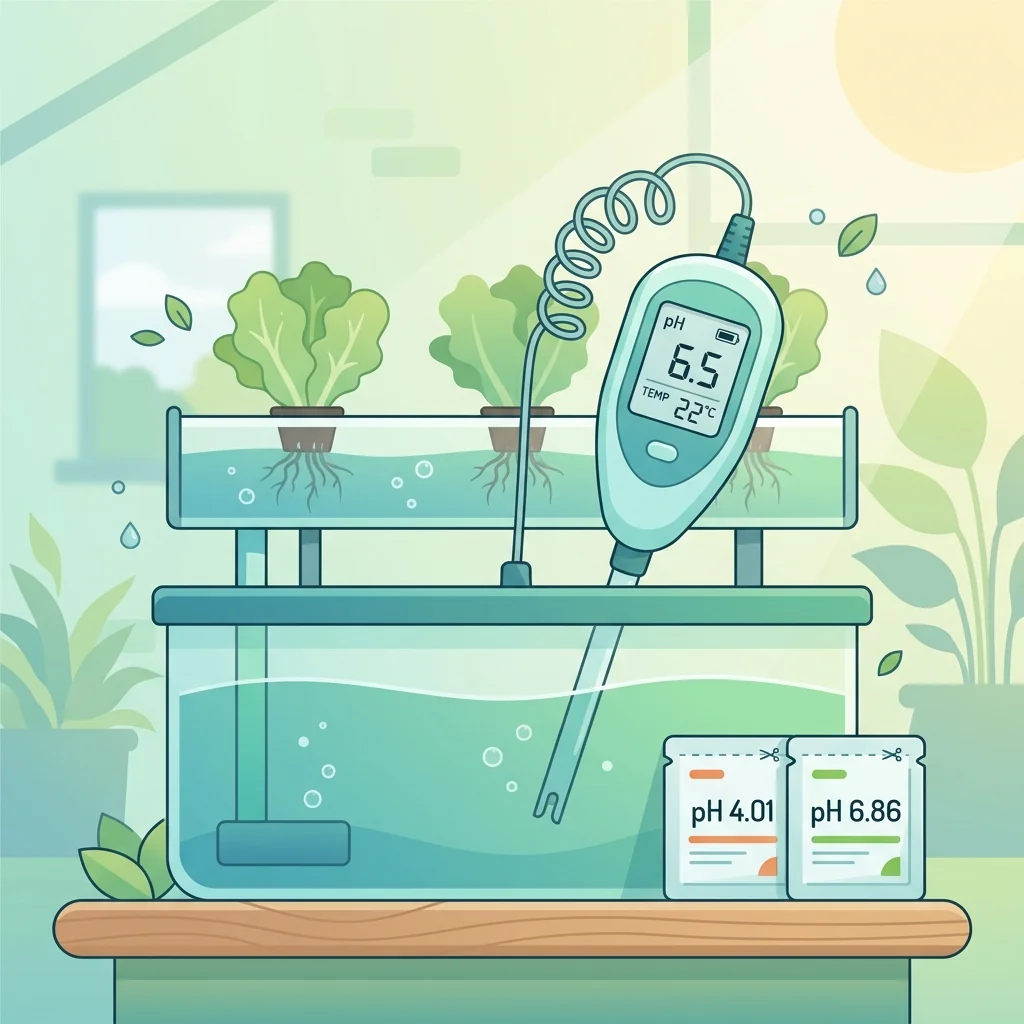 A digital pH pen testing a hydroponic reservoir beside calibration solution sachets