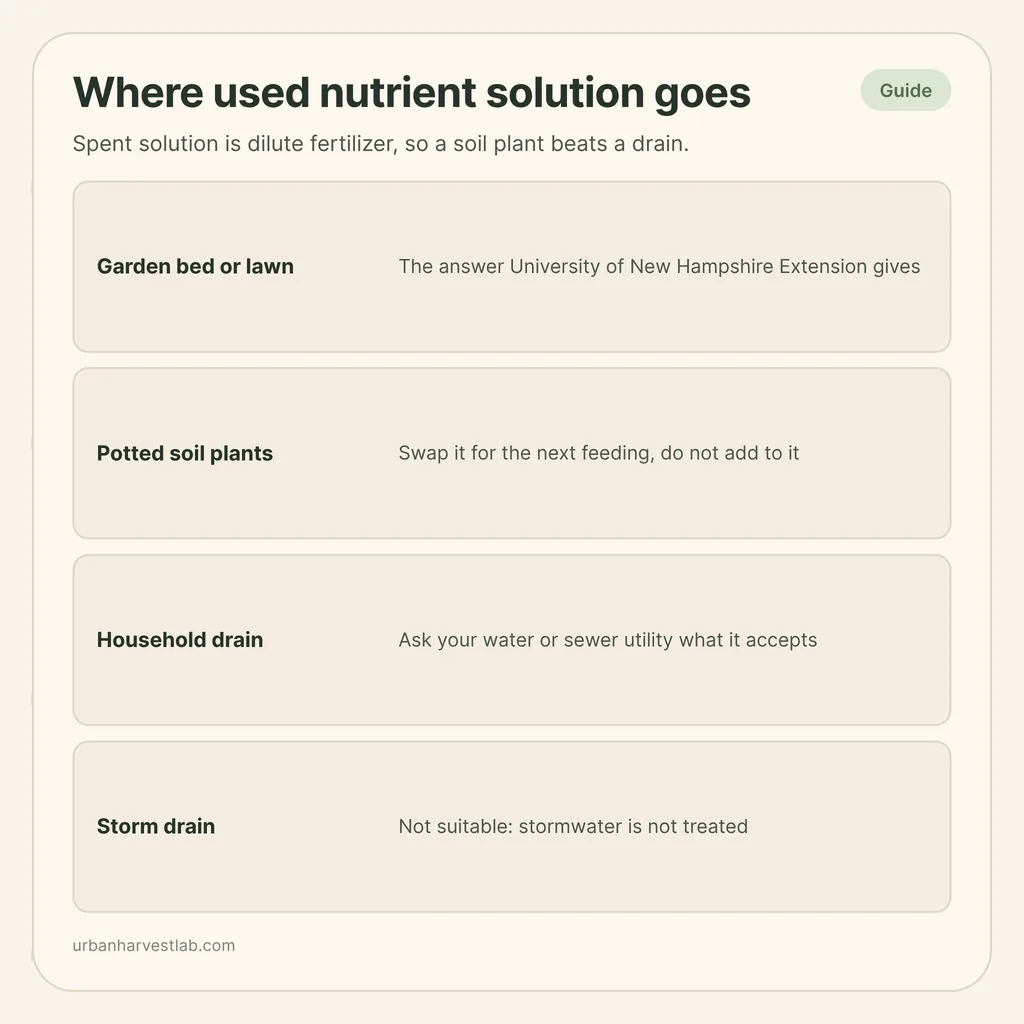 Infographic card: "Where used nutrient solution goes" with rows for garden bed, potted plants, household drain and storm drain