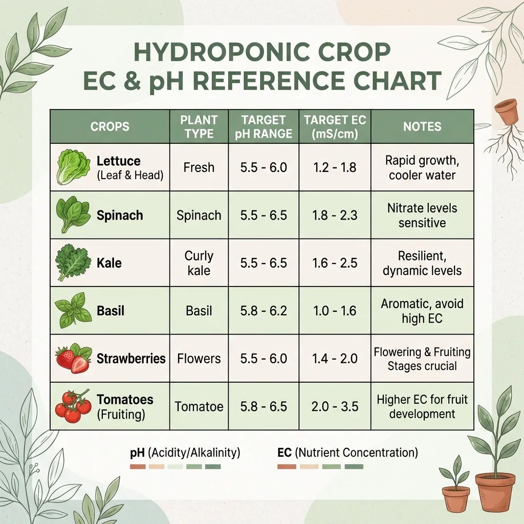 Clean UI illustration of a hydroponic EC and pH chart listing several crops with their target ranges