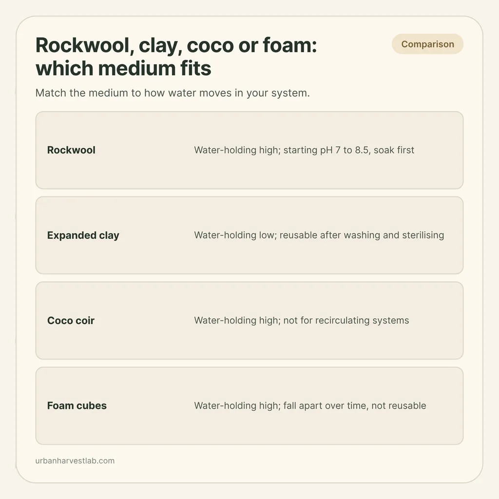 Infographic card: "Rockwool, clay, coco or foam: which medium fits" with rows for rockwool, expanded clay, coco coir and foam cubes
