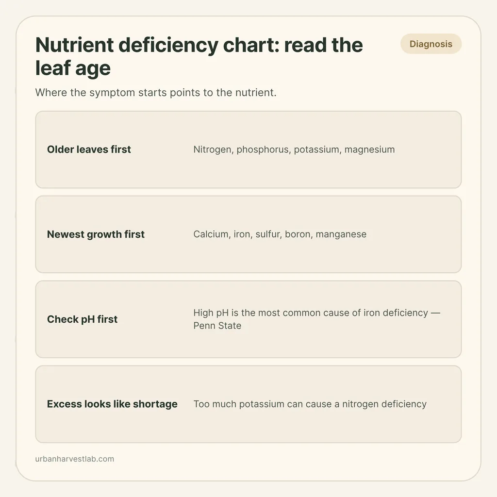 Infographic card: "Nutrient deficiency chart: read the leaf age" with rows for older versus newest leaves, checking pH first, and excess looking like shortage