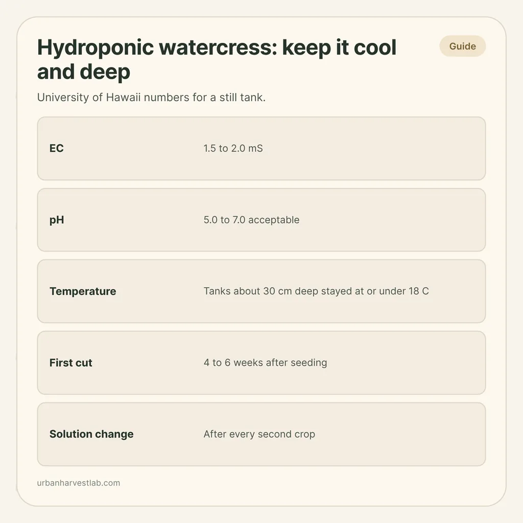 Infographic card: "Hydroponic watercress: keep it cool and deep" with rows for EC, pH, temperature, first cut and solution change