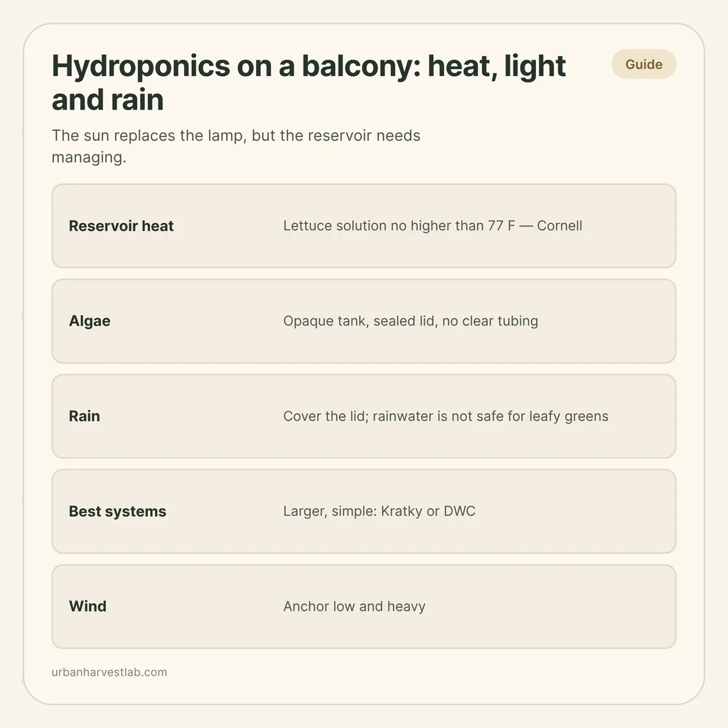 Infographic card: "Hydroponics on a balcony: heat, light and rain" with rows for reservoir heat, algae, rain, best systems and wind