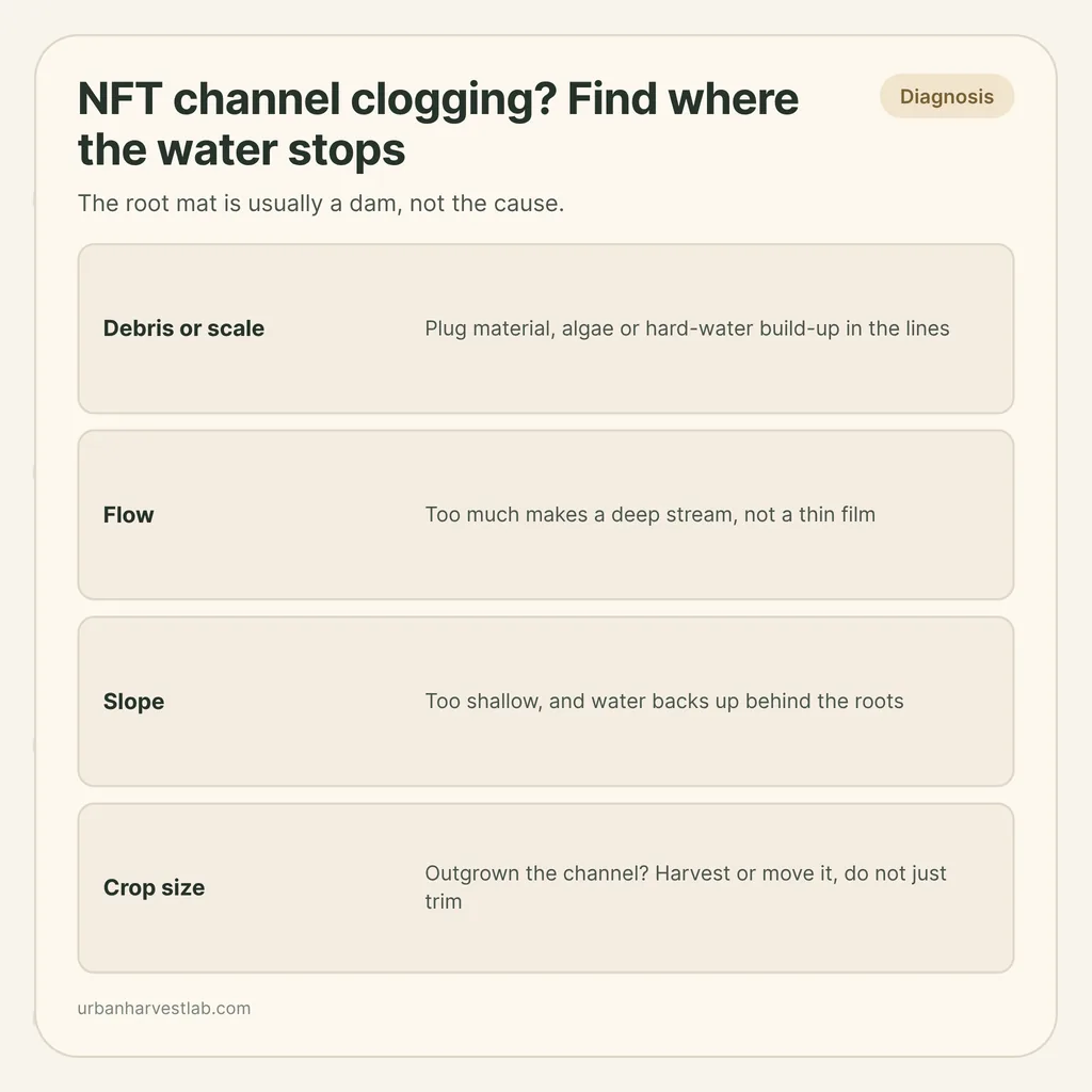 Infographic card: "NFT channel clogging? Find where the water stops" with rows for debris or scale, flow, slope and crop size