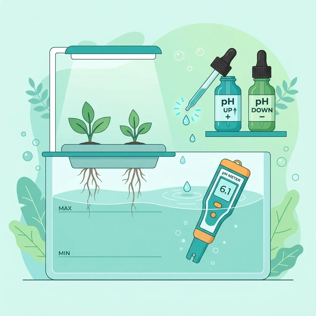 A reservoir with a pH meter beside pH up and pH down bottles, showing small dose adjustment