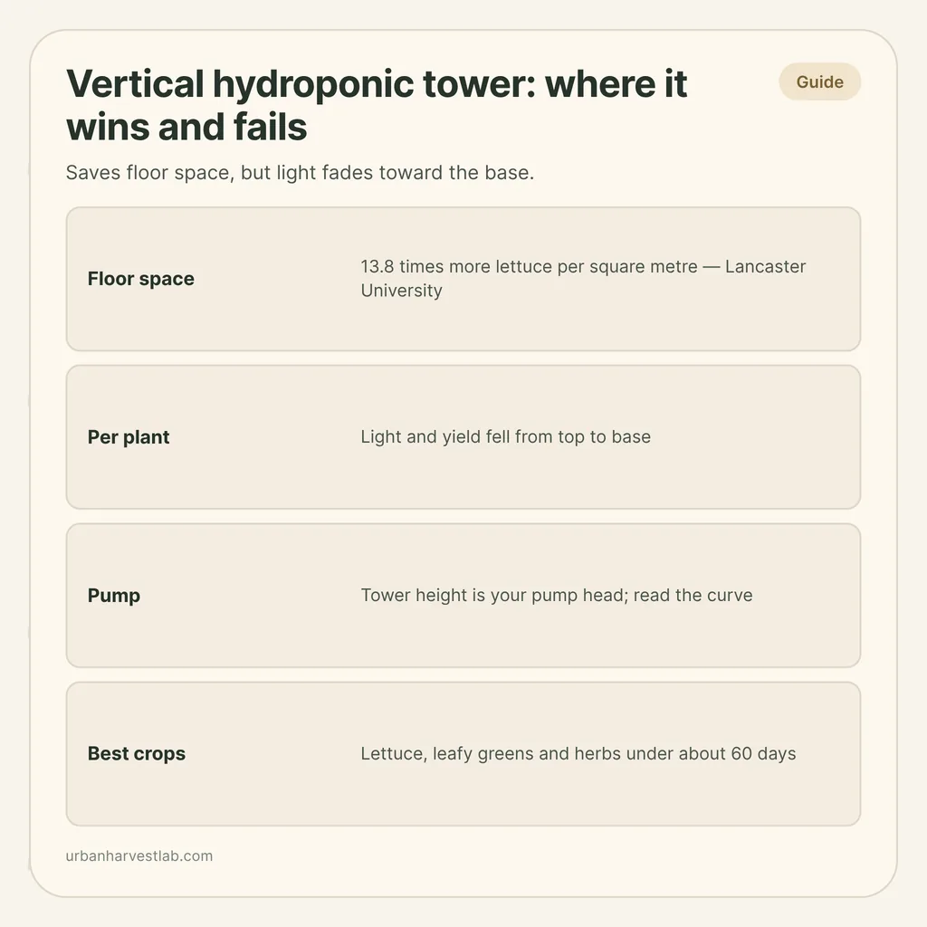 Infographic card: "Vertical hydroponic tower: where it wins and fails" with rows for floor space, per-plant yield, pump head and best crops