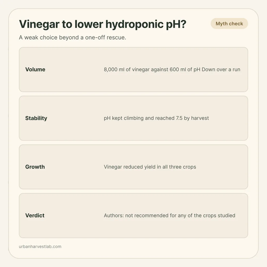 Infographic card: "Vinegar to lower hydroponic pH?" with rows for volume, stability, growth and verdict