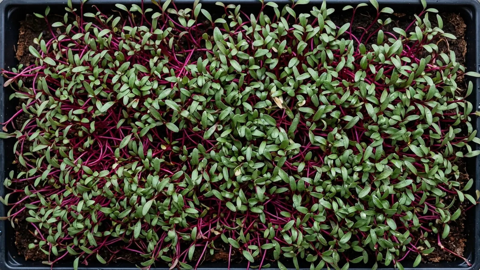 Beet microgreens tray with clumped seedlings and deep magenta stems at harvest stage