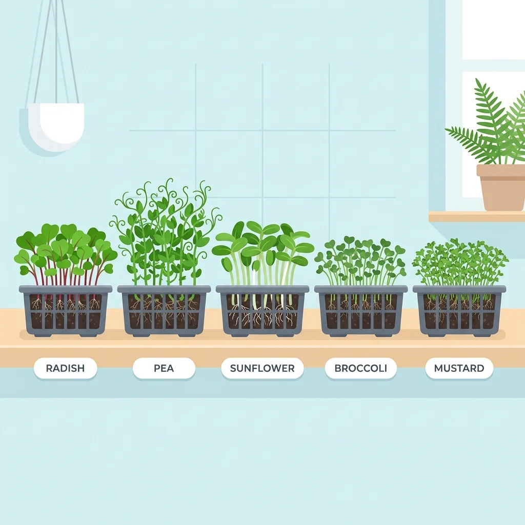 Five labelled trays of beginner microgreens: radish, pea, sunflower, broccoli, and mustard
