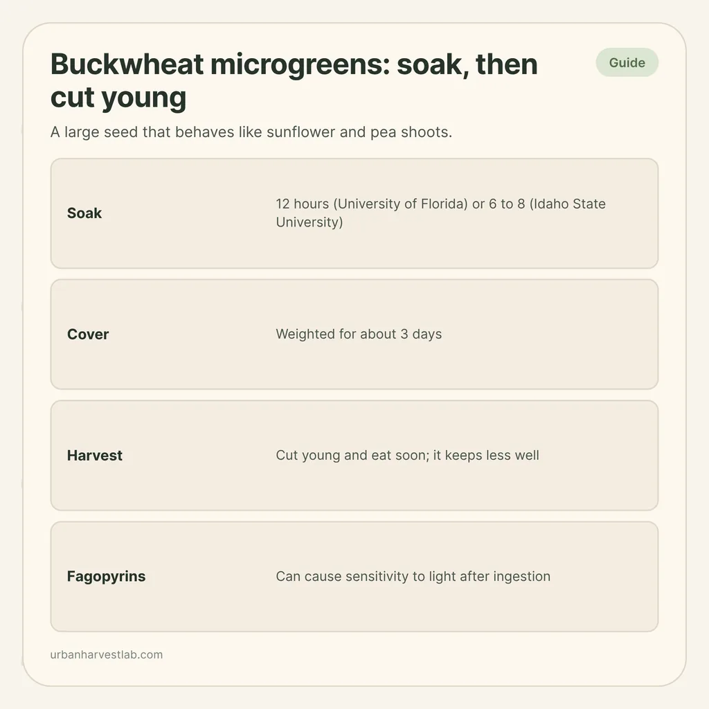 Infographic card: "Buckwheat microgreens: soak, then cut young" with rows for soak, cover, harvest and fagopyrins