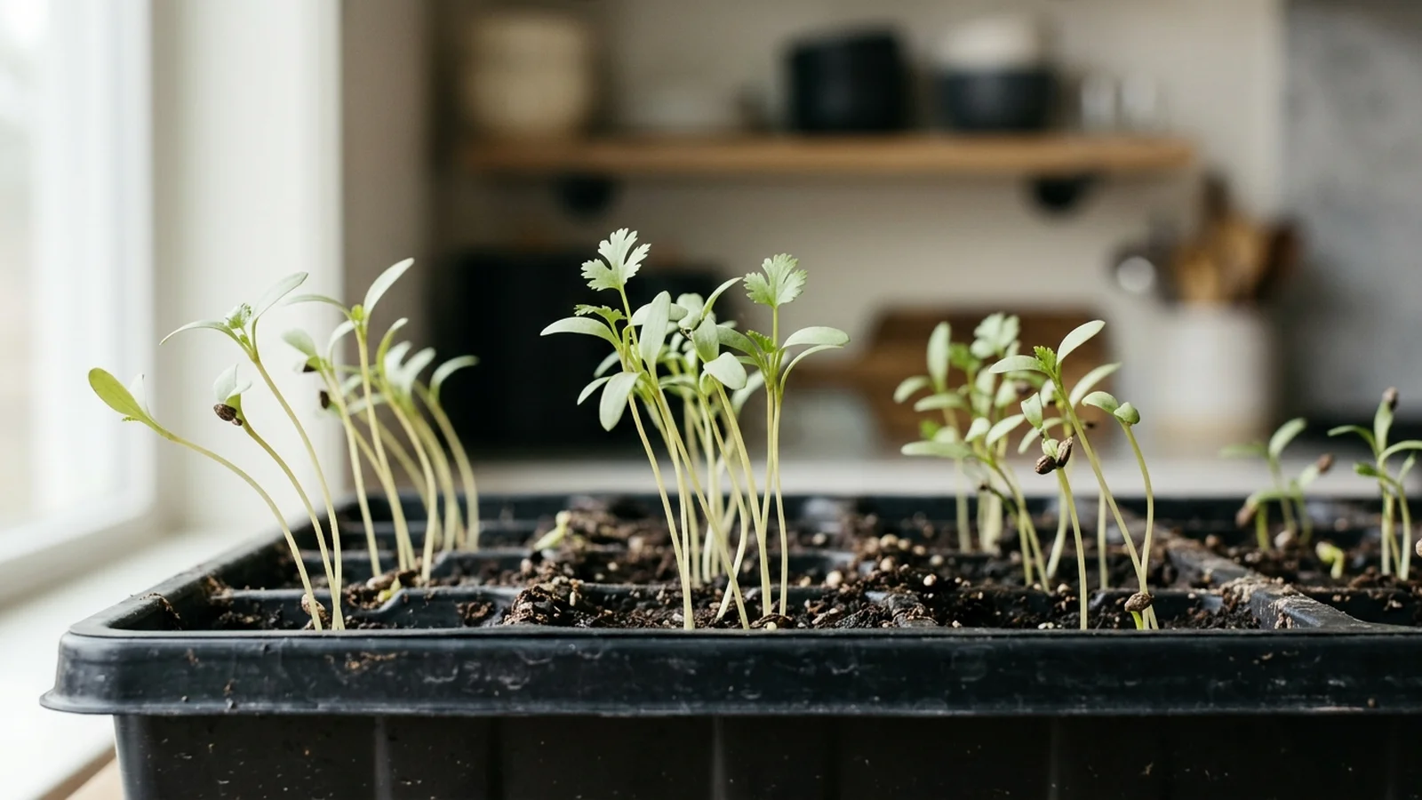 Cilantro microgreens tray showing uneven, clumped emergence from split seed fruits