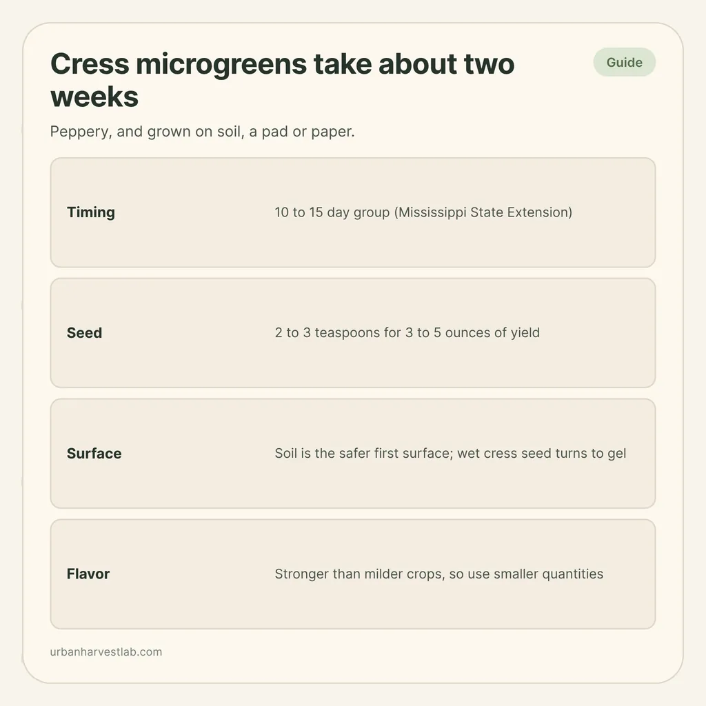 Infographic card: "Cress microgreens take about two weeks" with rows for timing, seed, surface and flavor