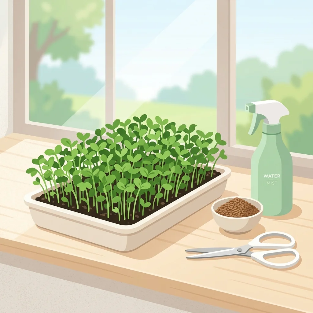 A shallow tray of dense microgreens on a windowsill next to seeds, spray bottle, and scissors
