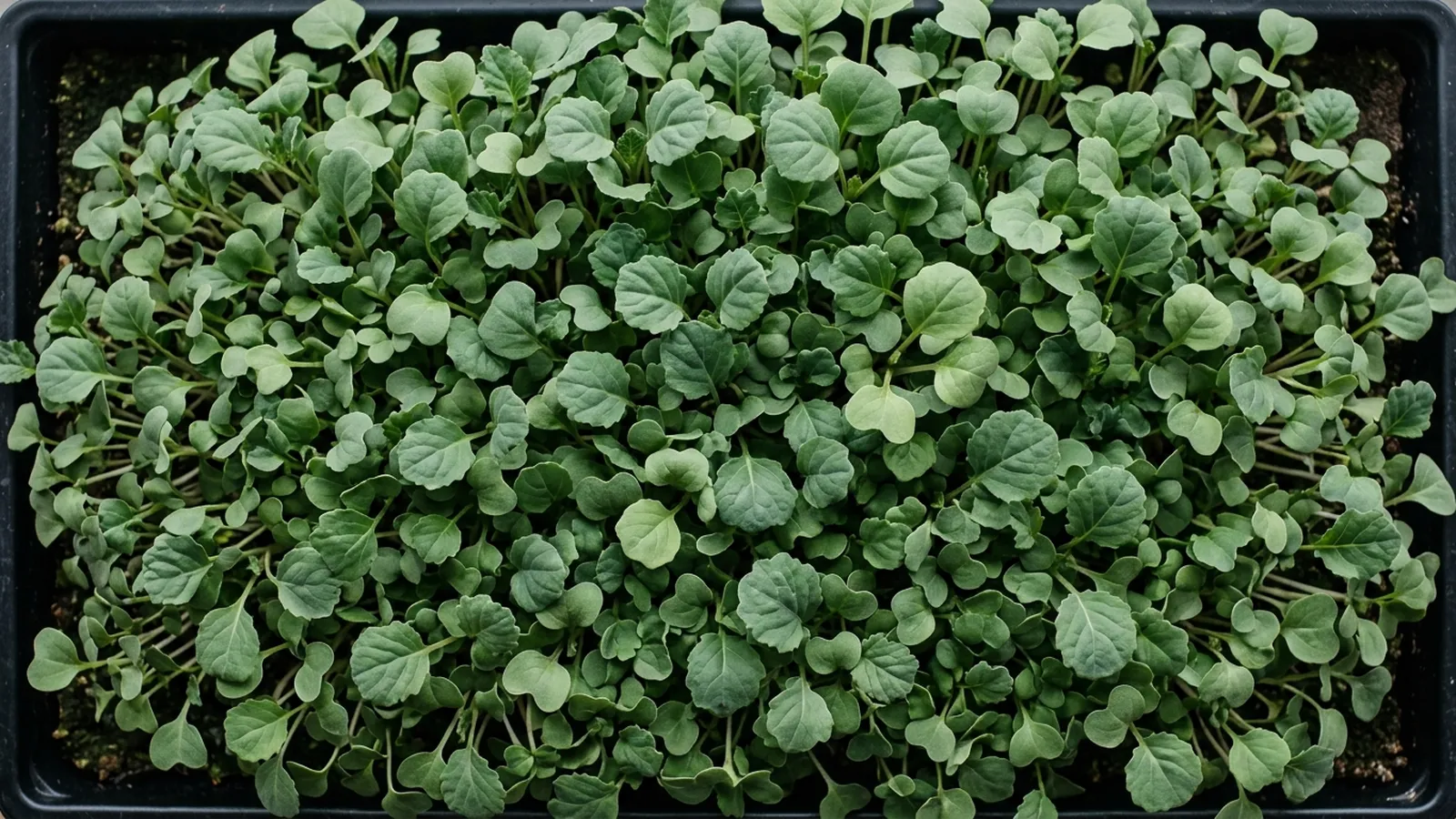 Kale microgreens tray with true leaves emerging next to a broccoli microgreens tray at the same growth stage