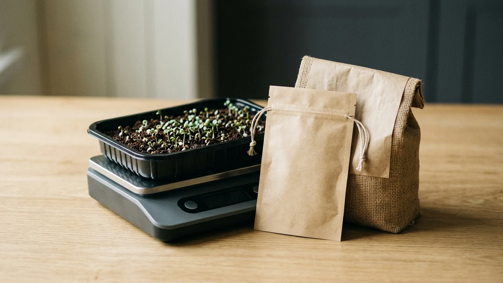 Seed packet, growing medium, and a small grow light beside a stack of coins next to a microgreens tray