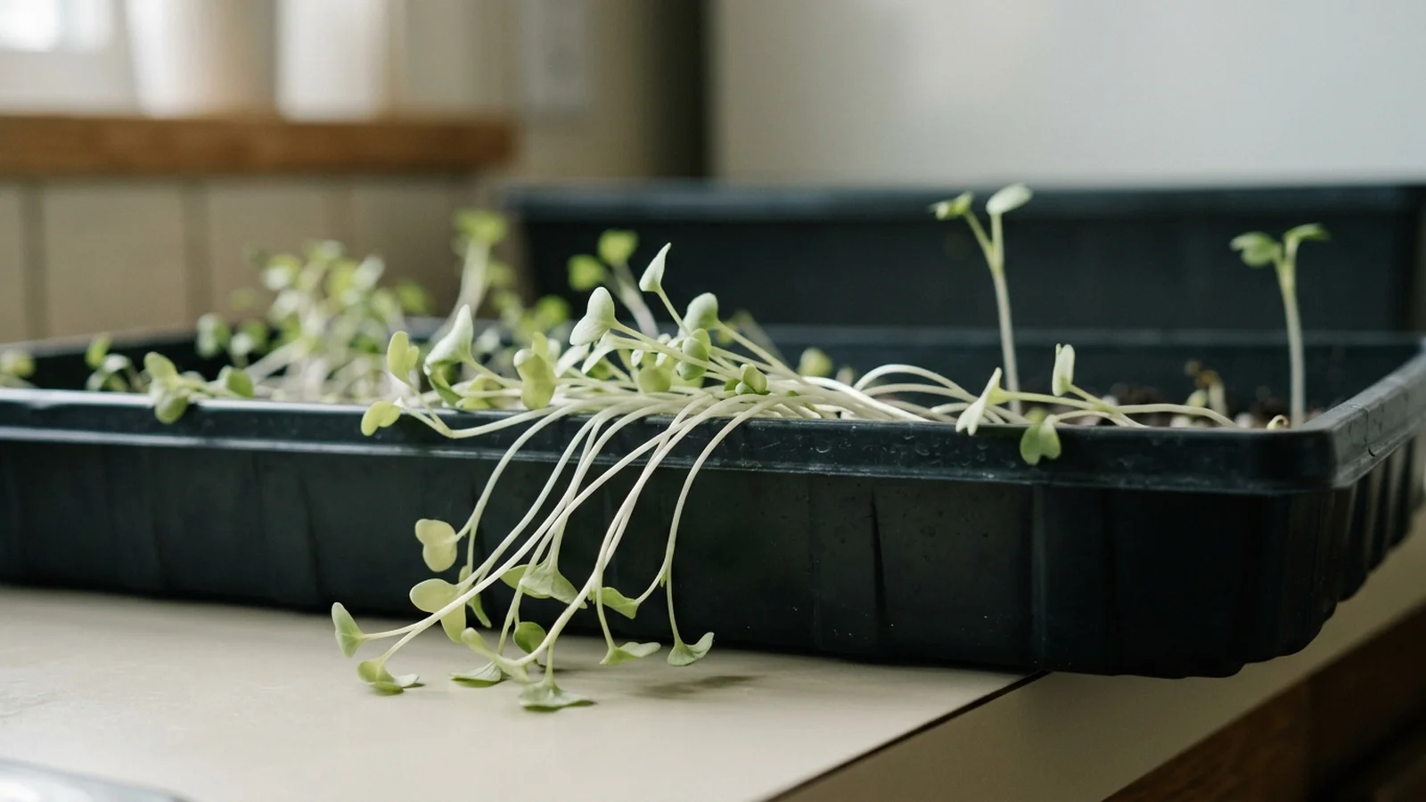 Three microgreen trays side by side showing leggy pale stems, a collapsed water-soaked stem, and a flattened mat from top watering