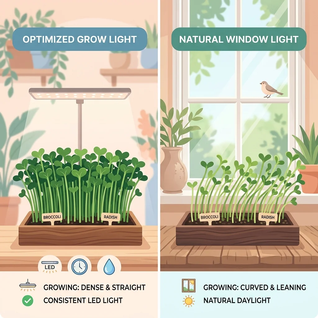 A microgreens tray under a small LED grow light a few inches above, beside a windowsill tray for comparison