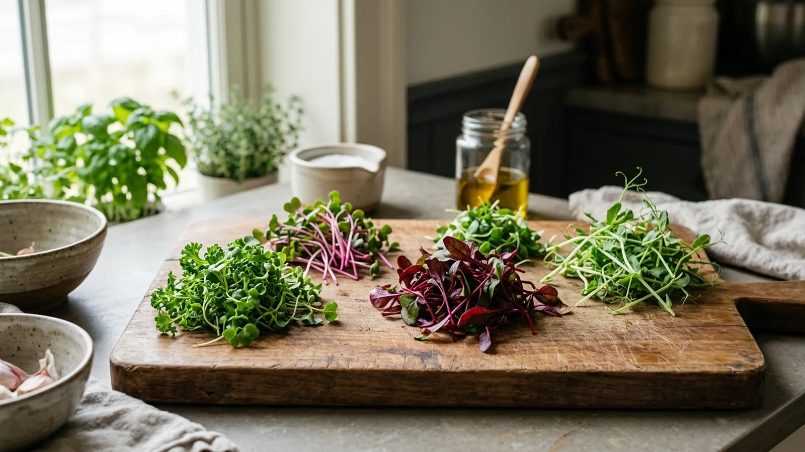 Trays of several different microgreens varieties arranged side by side, showing the range of colors and leaf shapes across crops
