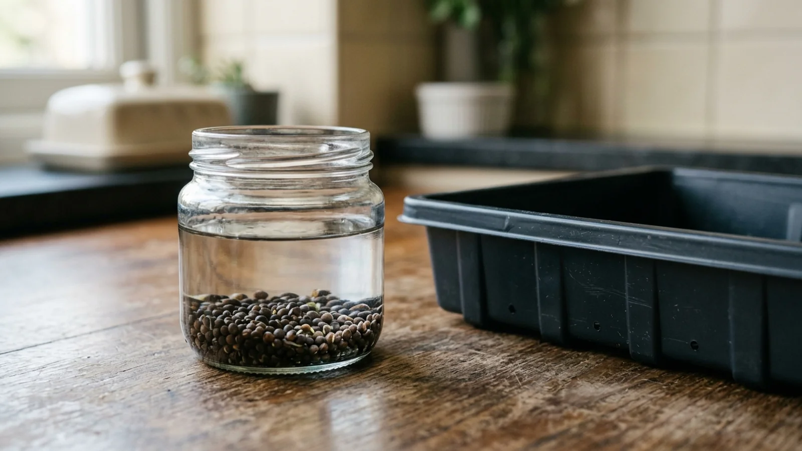 Sunflower and pea seeds soaking in a shallow dish of water next to a dry tray of small radish seeds