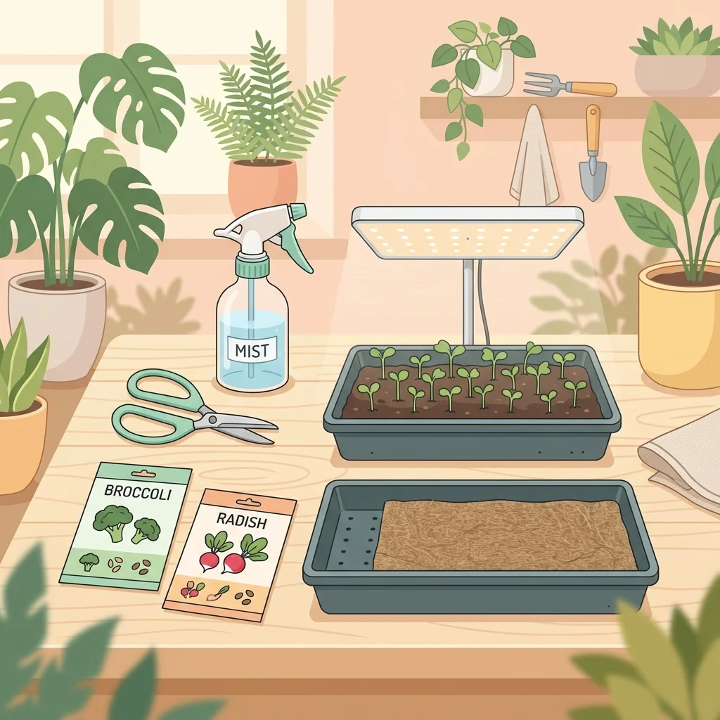 A microgreens starter setup laid out: shallow trays, seed packets, grow mat, spray bottle, scissors, and a small LED light